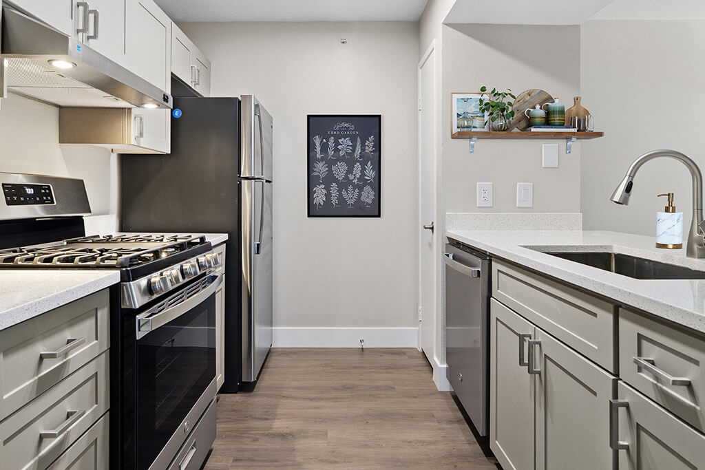 Renovated kitchen at Deerwood Apartments in Corona CA